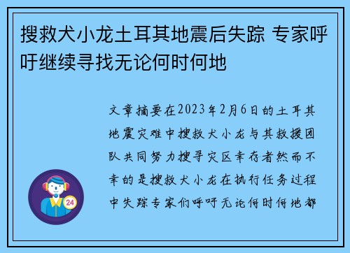 搜救犬小龙土耳其地震后失踪 专家呼吁继续寻找无论何时何地