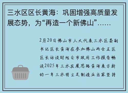 三水区区长黄海：巩固增强高质量发展态势，为“再造一个新佛山”……
