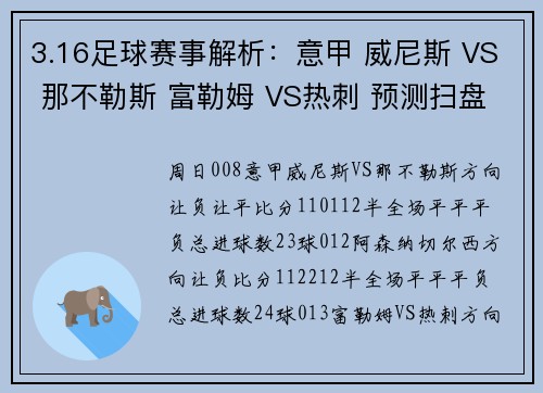 3.16足球赛事解析：意甲 威尼斯 VS 那不勒斯 富勒姆 VS热刺 预测扫盘