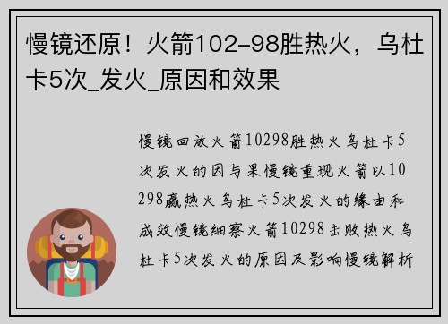 慢镜还原！火箭102-98胜热火，乌杜卡5次_发火_原因和效果