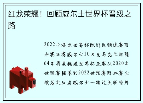 红龙荣耀！回顾威尔士世界杯晋级之路
